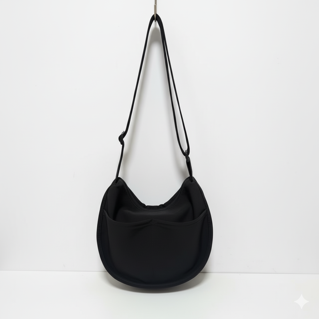 Black shoulder bag with a strap on a white background,Trendy emerald green crescent half-moon shoulder bag for women, durable canvas, versatile for daily use, ethnic wear, and casual outings in India. This stylish sling bag offers a modern minimalist design, spacious interior, functioning as a chic carryall or small hobo tote.