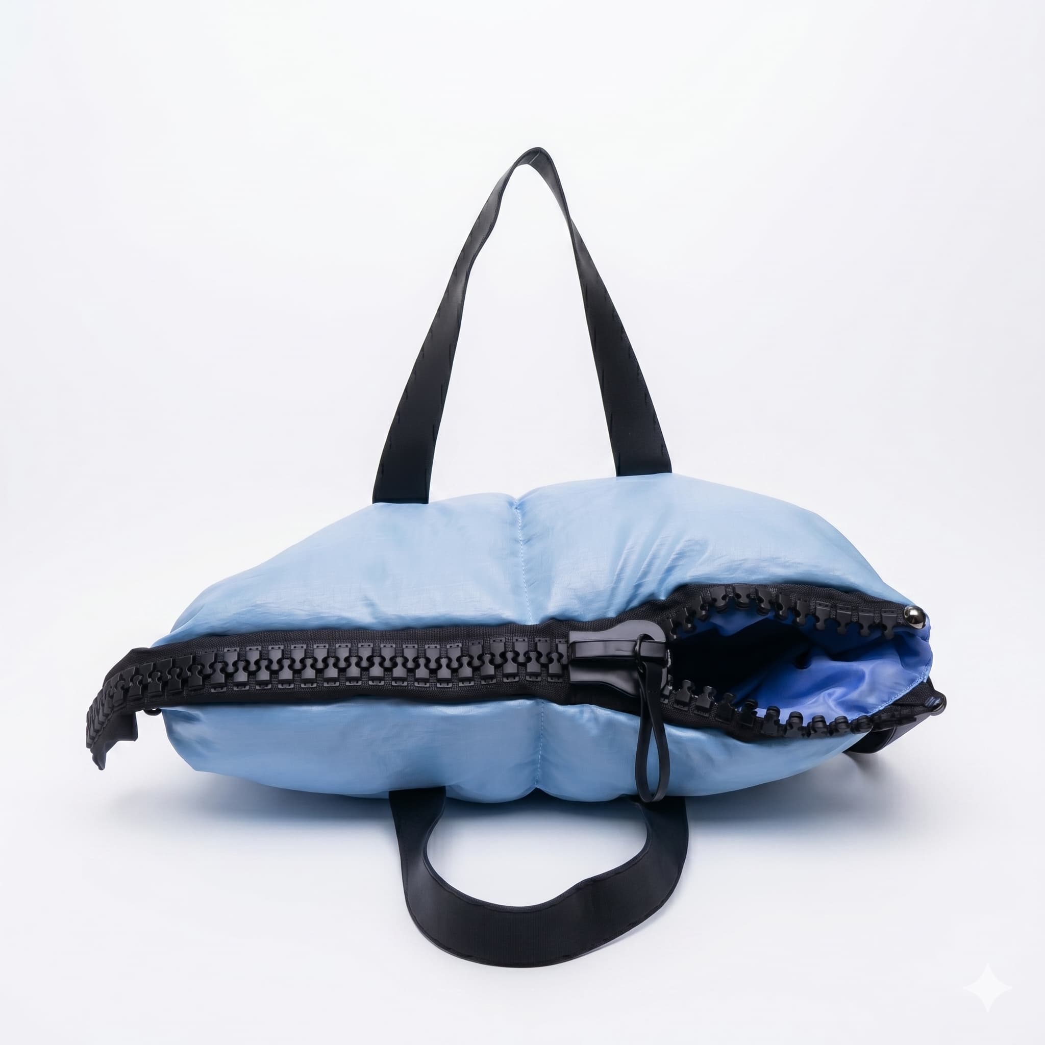 Light blue bag with black zipper and straps on a white background