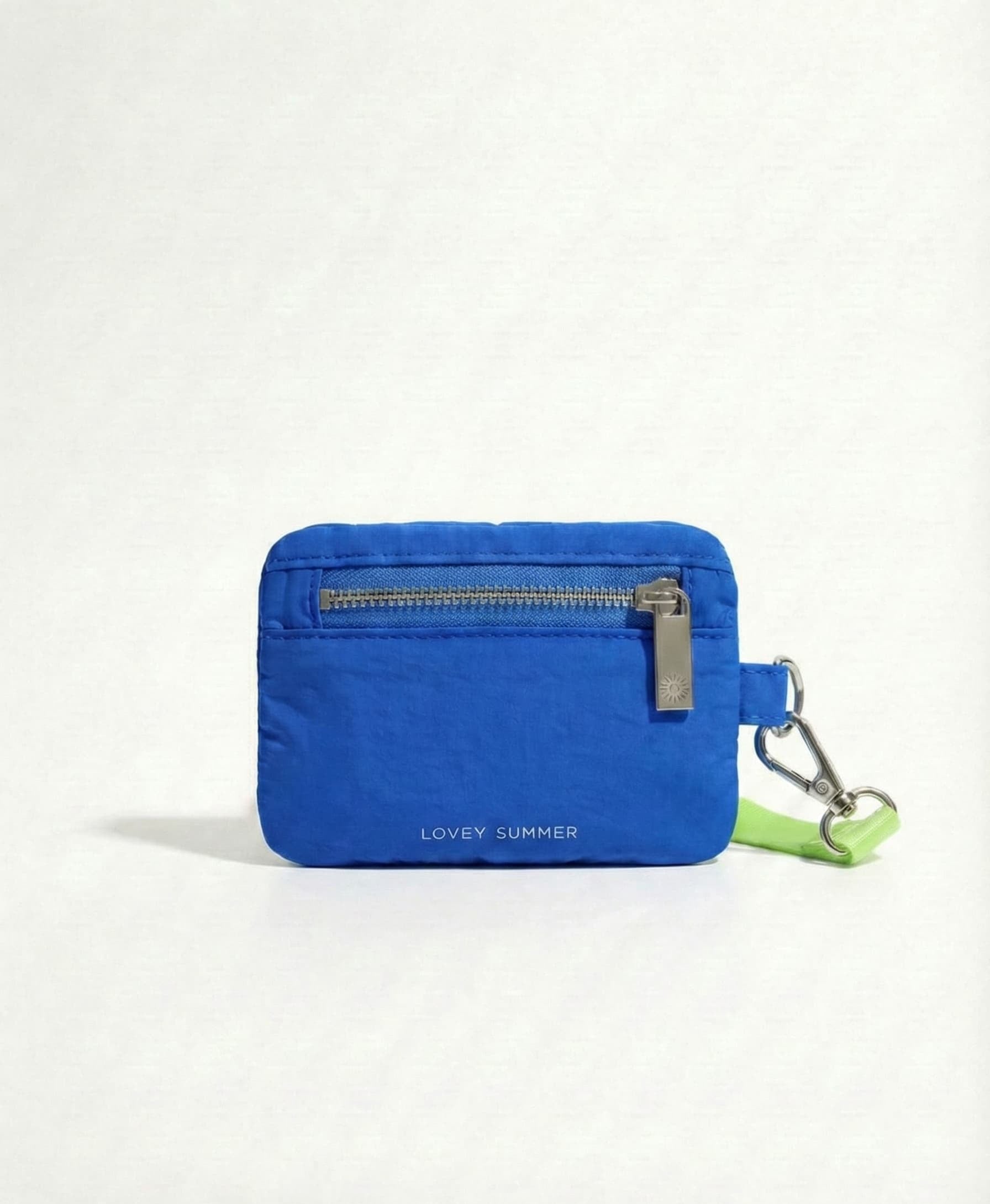 Blue pouch with a carabiner on a white background