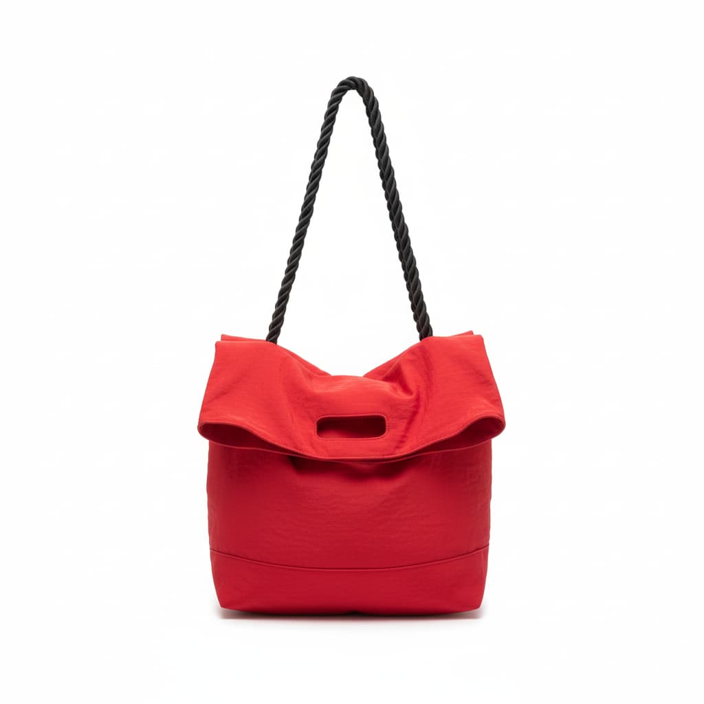 Red bag with a black rope handle on a white background,High-quality red tote bag for women and girls from a new Indian fashion brand. Features a unique top-fold flap design and sturdy braided black rope handles. Perfect for carrying laptops and essentials, making it a stylish and functional bag for office, college, or casual outings in India. A chic and trending design for the modern Indian woman, available online with free shipping.