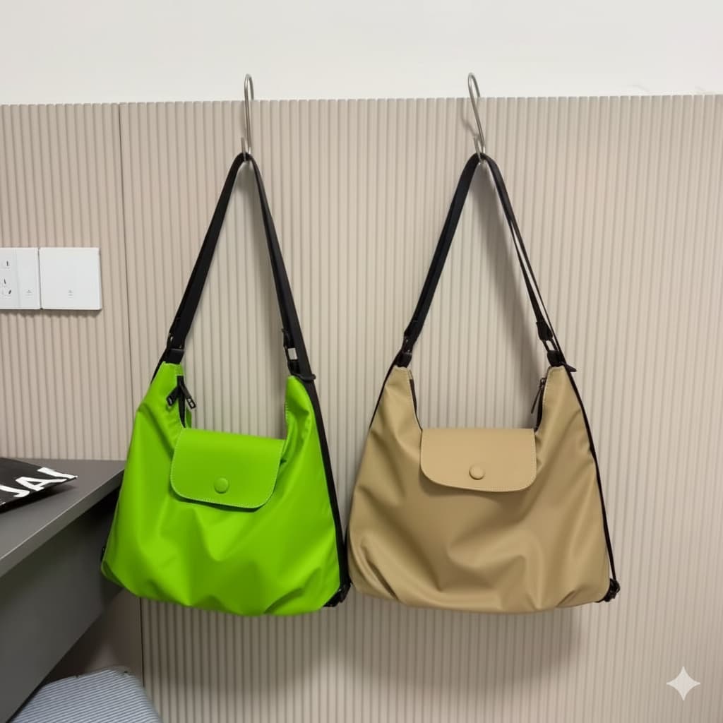 Two handbags, one green and one beige, hanging on a wall.laptop tote bag for women, tote bag for office use, college tote bag with zipper, and stylish bags for girls. You can also target users with specific needs by using long-tail phrases like vegan leather tote bag or tote bag for daily use in India. To understand the market better, keep an eye on competitors such as Lavie, Baggit, and Caprese, all of which are major players in the Indian handbag space, along with brands like Zouk and Hidesign that cater 