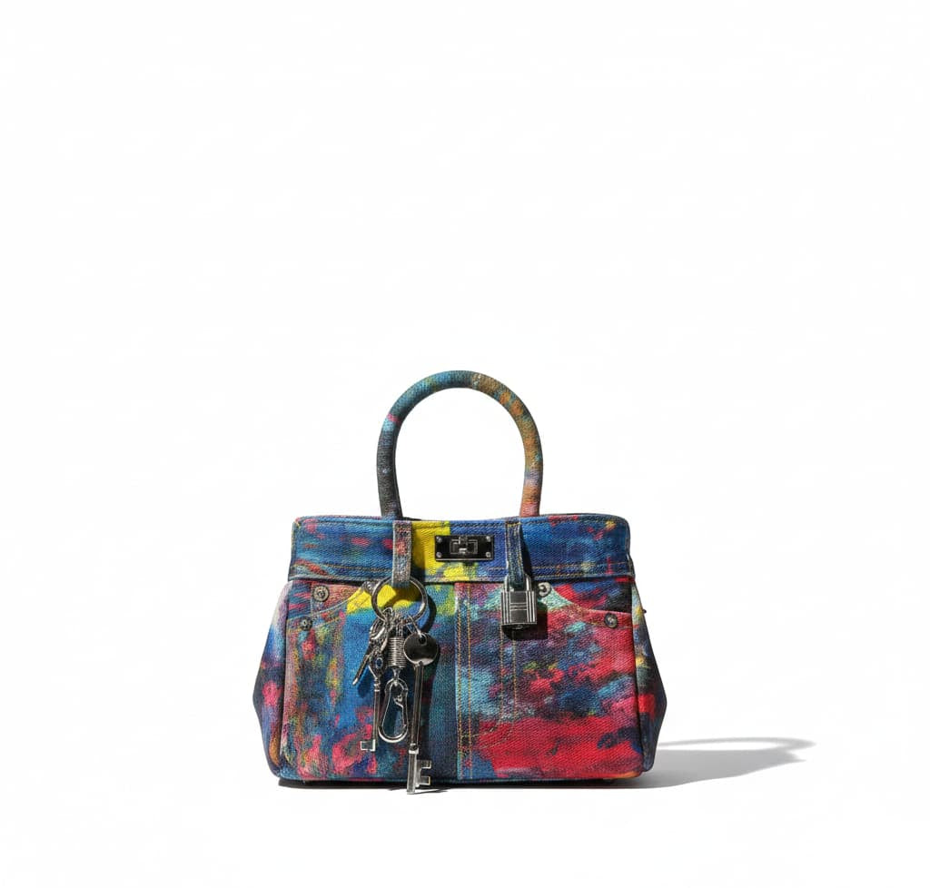 Multicolored handbag with abstract design on a white background, featuring the brand 'QUEENBAG'.