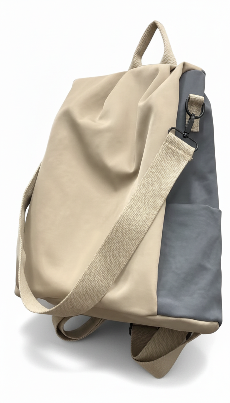 Beige and gray backpack on a white backgroundStylish travel backpack, durable everyday bag, versatile shoulder tote, convertible backpack purse, waterproof utility bag, modern casual rucksack, ergonomic daypack, trendy laptop bag, multi-functional women's backpack, secure anti-theft design, spacious college bag, fashion-forward accessory, urban commuter pack, comfortable carry-all, premium quality satchel, practical work bag, chic student backpack, easy-access travel essential, organized personal item, ligh