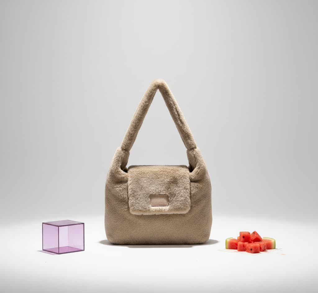 Beige handbag with a textured handle on a light gray background