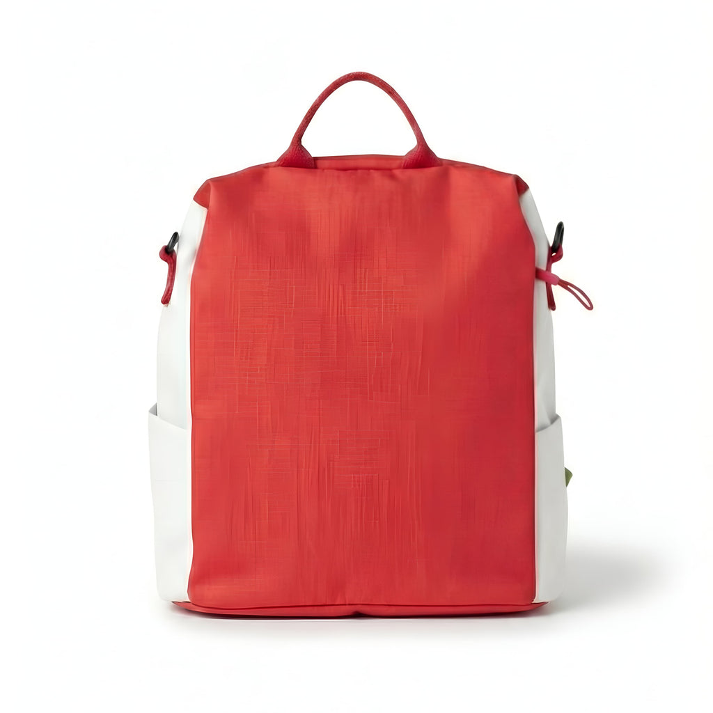 Red backpack on a white background