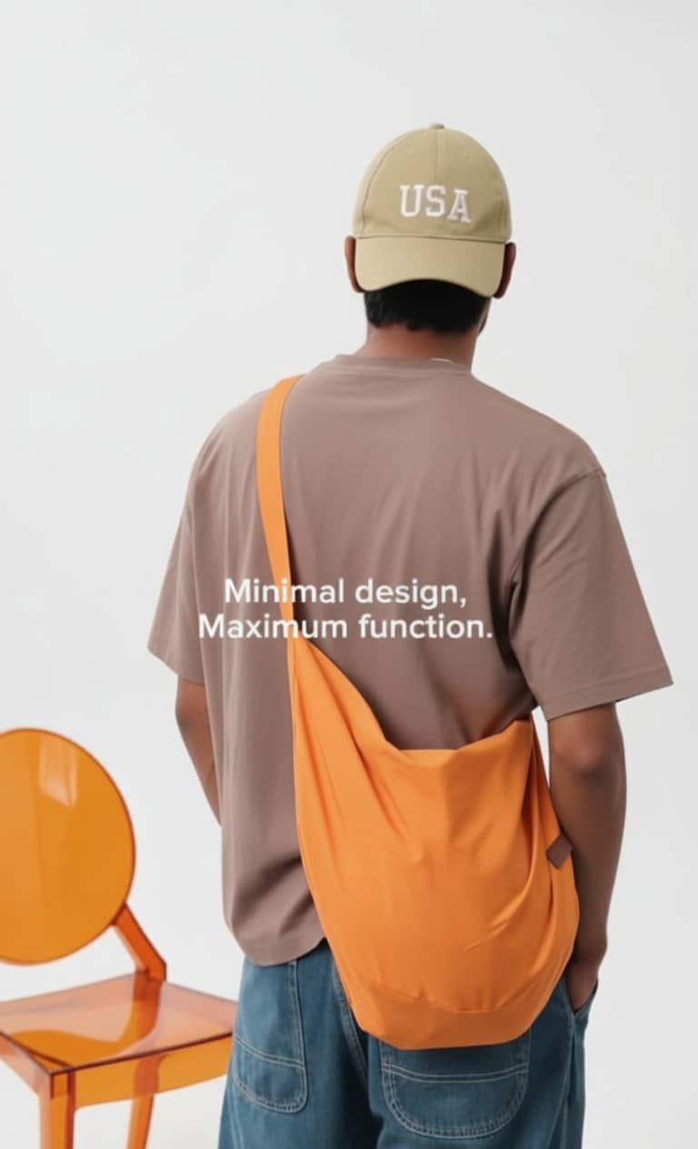 Person wearing a beige 'USA' cap and carrying an orange bag on a white background with text 'Minimal design, Maximum function.'.