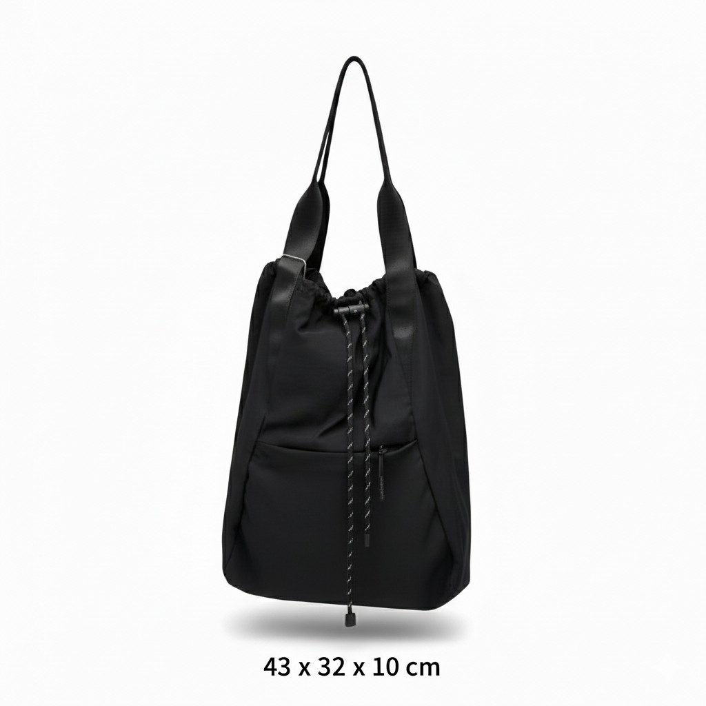 Black backpack with drawstring on a white background,"Stylish khaki drawstring tote bag with multiple compartments and adjustable straps, perfect for daily use, shopping, and travel in India. Features include a secure zippered pocket, spacious main compartment, and comfortable shoulder straps. Ideal for fashion-conscious individuals seeking a versatile and trendy bag."