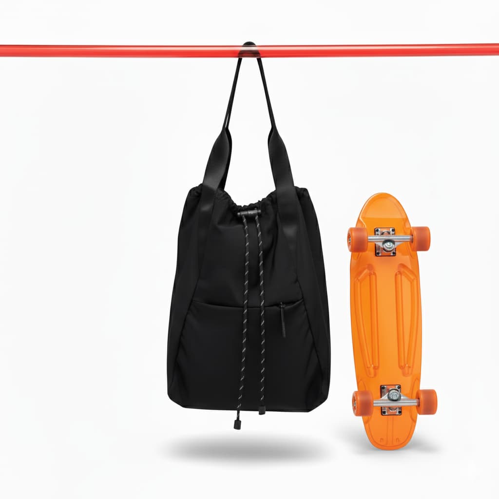 Black backpack and orange skateboard on a white background