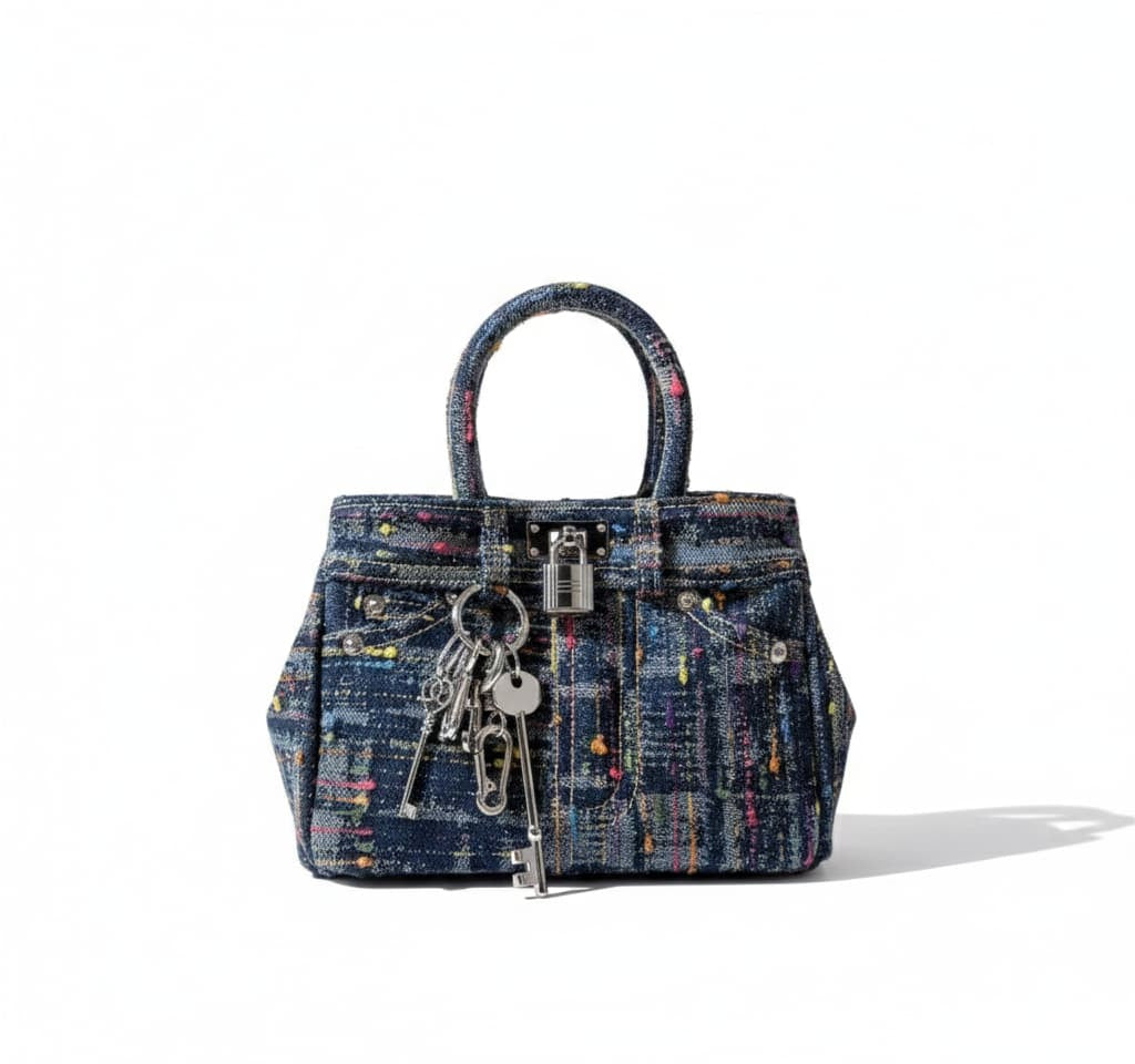 Multicolored handbag with keys on a white background