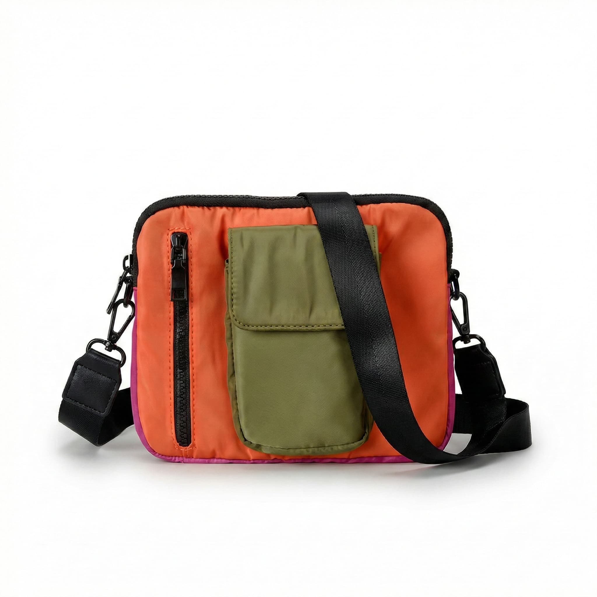 Multicolored crossbody bag with a green pocket on a white background