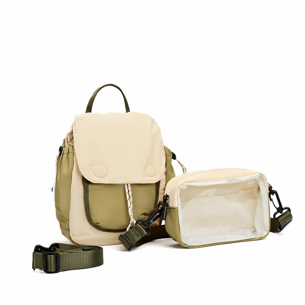 A beige and olive green backpack shown with its detachable shoulder strap and a matching beige zippered pouch with a clear front pocket, photographed on a clean white background.