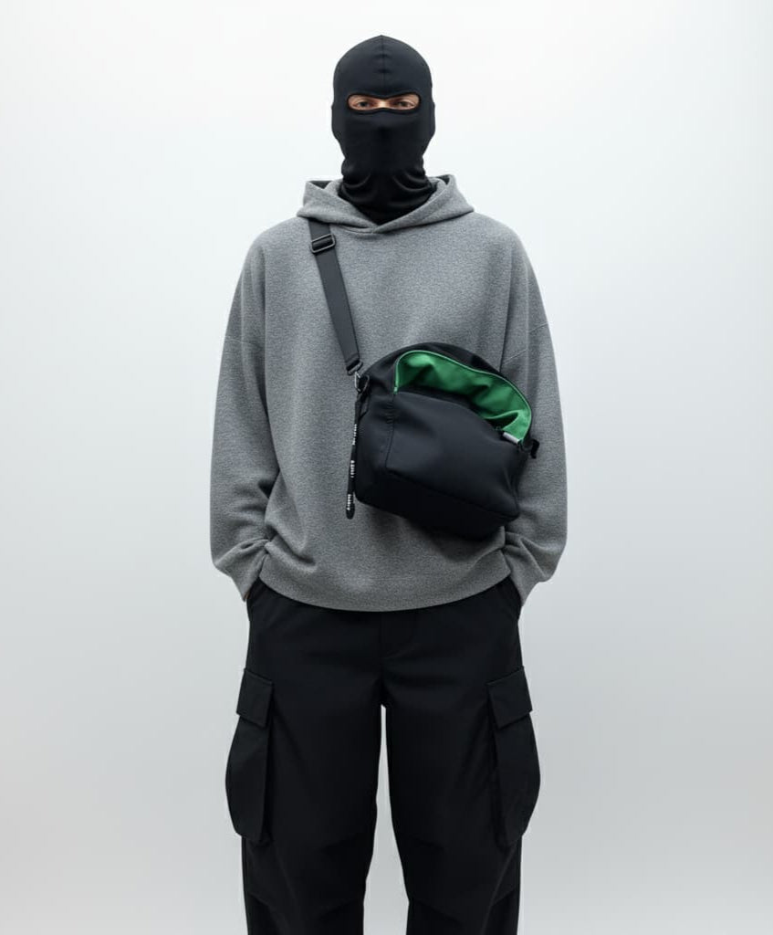 Person wearing a gray hoodie and black pants with a black bag, standing against a white background,"Black waterproof polyester mini tote bag with stylish green lining, lightweight and durable design, adjustable crossbody strap and spacious compartments for wallet, phone, cosmetics and daily essentials. Perfect handbag for women in India for office, college, travel, shopping, and everyday use. Premium quality ladies tote bag available online at best price in India, versatile small carry bag for students, pro