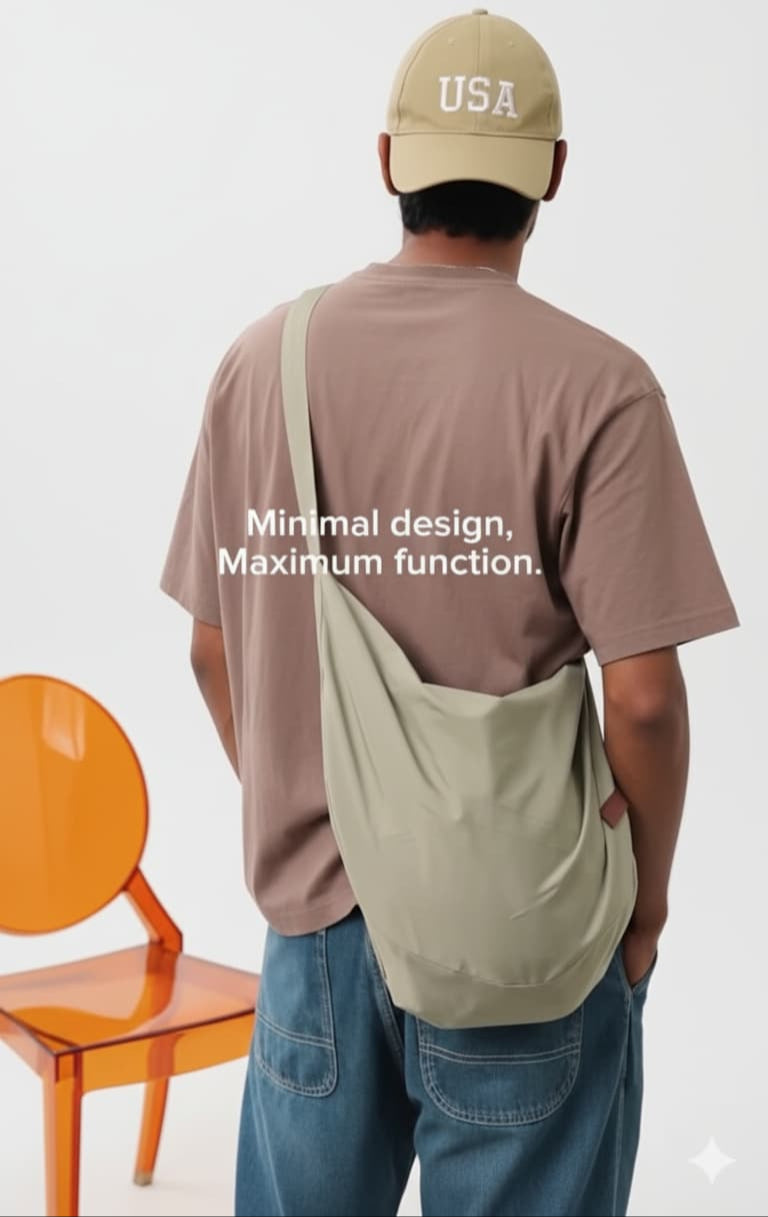 Person wearing a beige cap and carrying a beige bag, standing next to an orange chair on a white background.