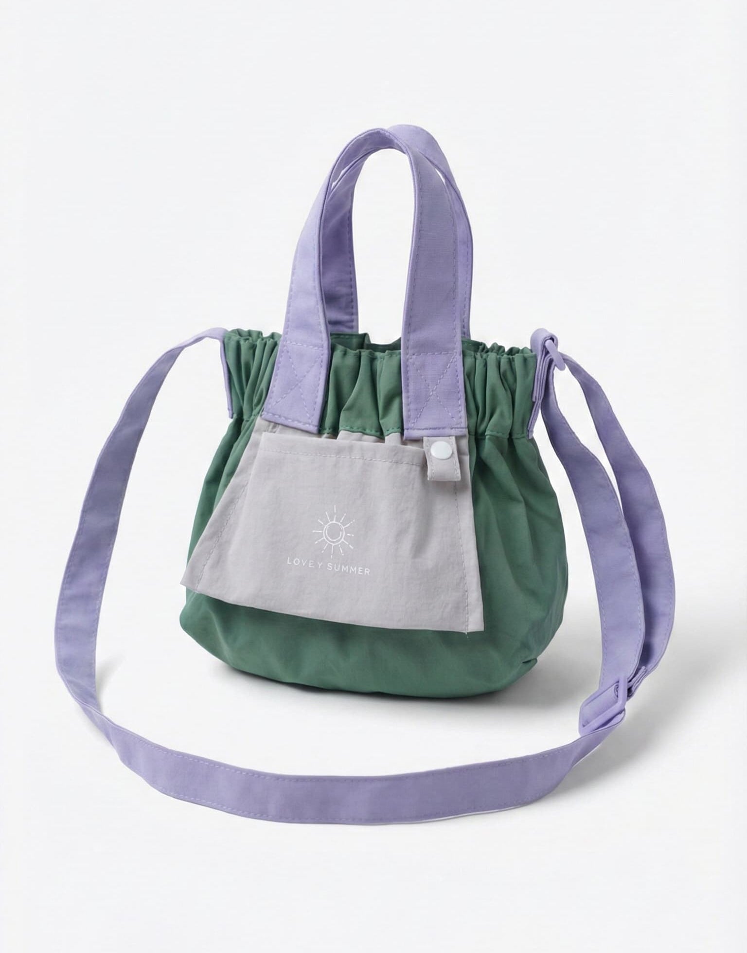 Green and gray bag with purple straps on a white background