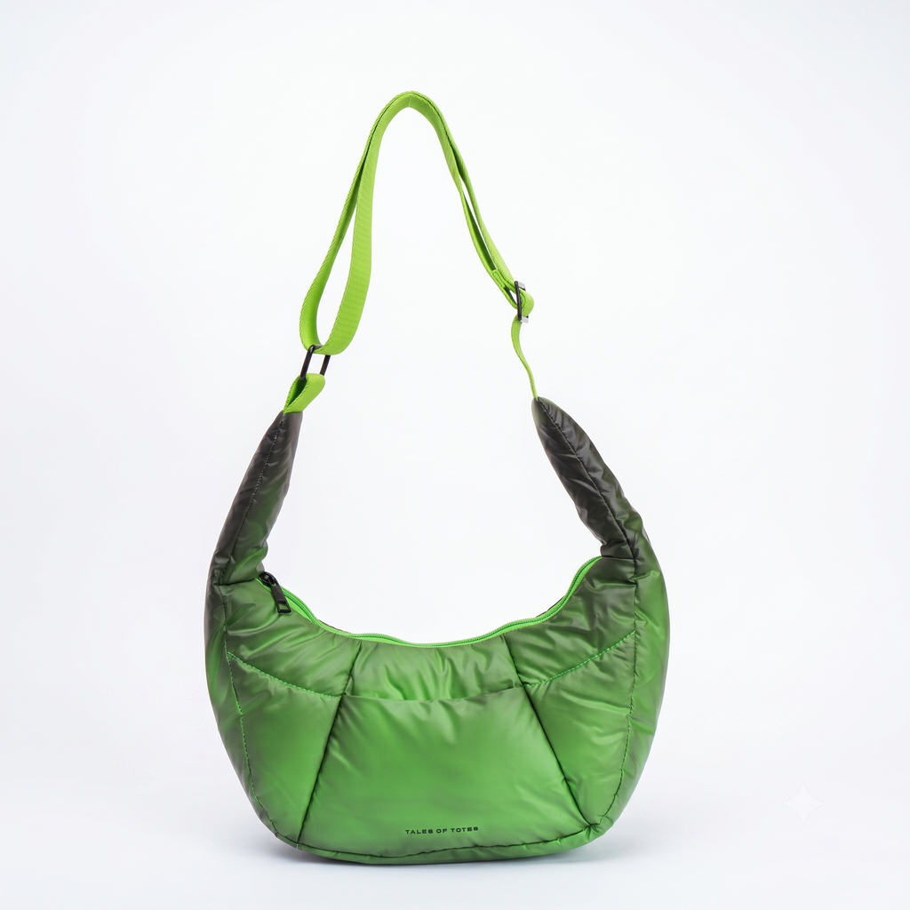 Green handbag with a black interior on a white background