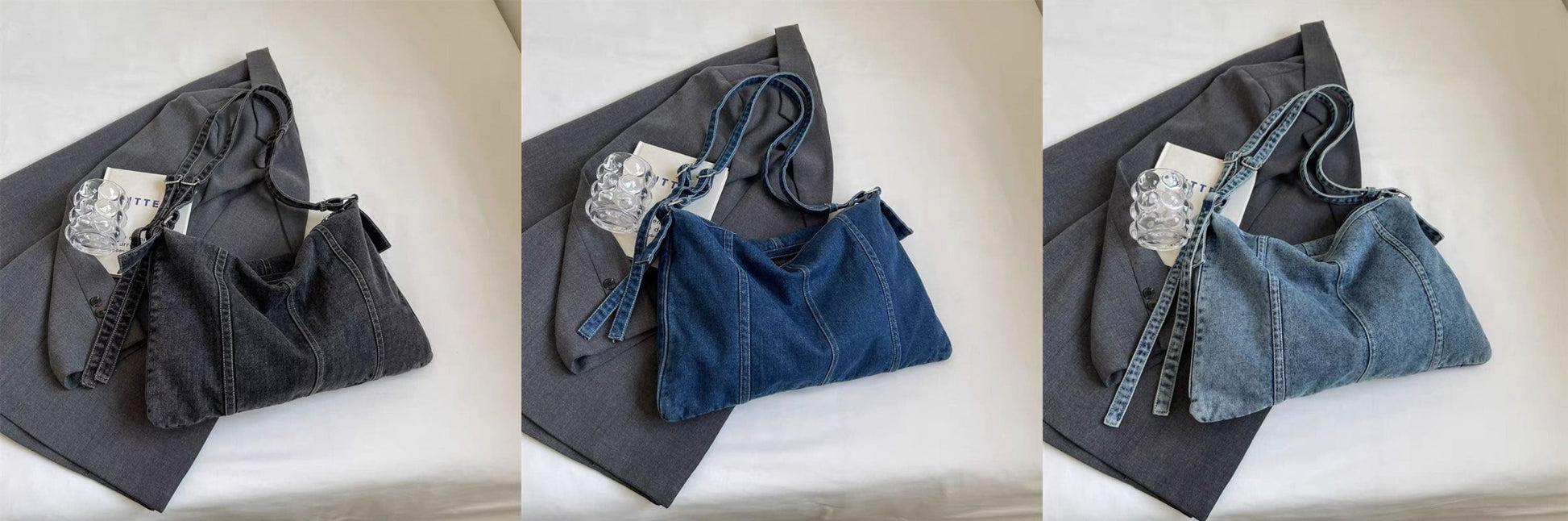 "Trendy denim sling bags in dark, mid, and light washes – designed with a soft structure, curved panel stitching, and adjustable shoulder strap. Spacious enough for daily essentials, perfect for casual outings, college, or streetwear looks. A versatile and stylish pick from Tales of Totes – elevating denim fashion bags beyond Zouk, DailyObjects, and Chumbak in India’s youth market."

