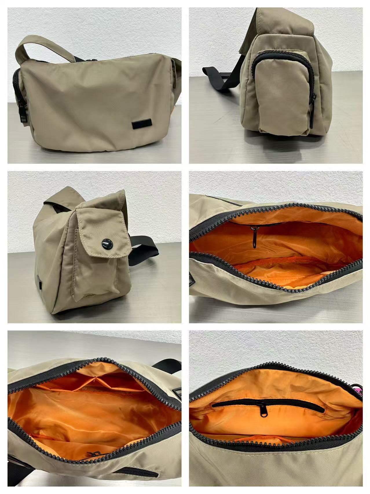 Collage of a beige bag with black accents, showing different angles and interior.Mini utility tote bag 33x22x14 cm with multiple pockets, zip closure, and water-resistant nylon material. Everyday carry tote for men and women, ideal for office, travel, and casual use in India. Alternative to Muji tote, Decathlon utility bag, and Wildcraft crossbody. Features bright orange inner lining and durable adjustable strap.