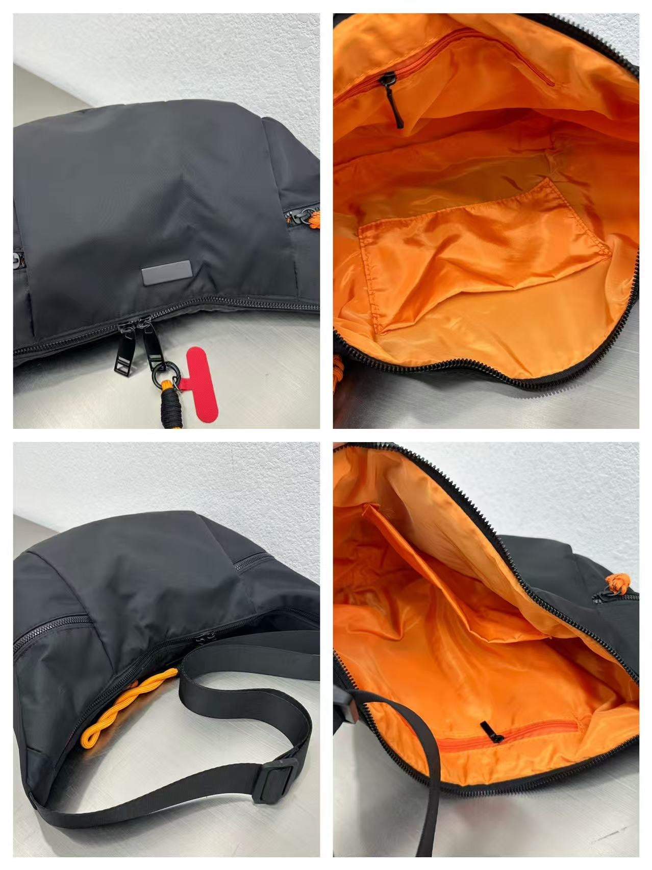 Collage of a black and orange bag with different angles showing its design and features.Waterproof tote bag with a durable exterior and a bright orange interior. Features an adjustable strap and multiple pockets for organization. Ideal for travel, gym, or daily use in India.