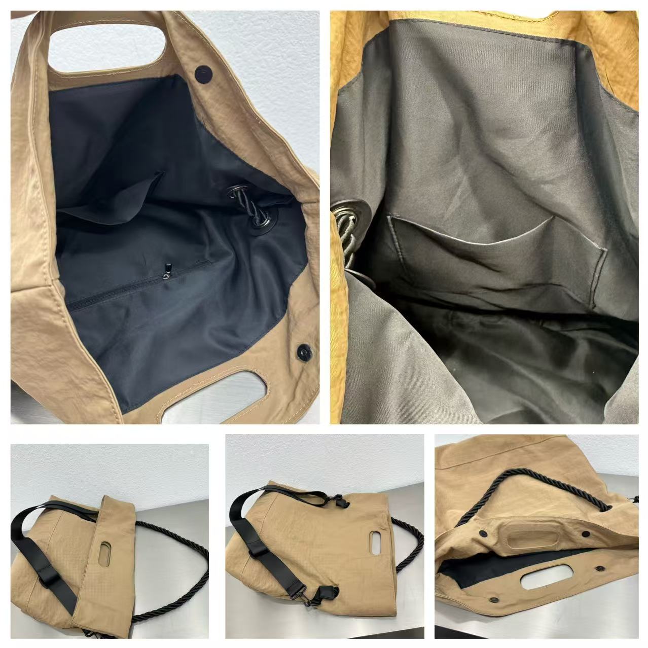 Collage of a beige bag with black interior and straps on a light gray background,High-quality red tote bag for women and girls from a new Indian fashion brand. Features a unique top-fold flap design and sturdy braided black rope handles. Perfect for carrying laptops and essentials, making it a stylish and functional bag for office, college, or casual outings in India. A chic and trending design for the modern Indian woman, available online with free shipping.