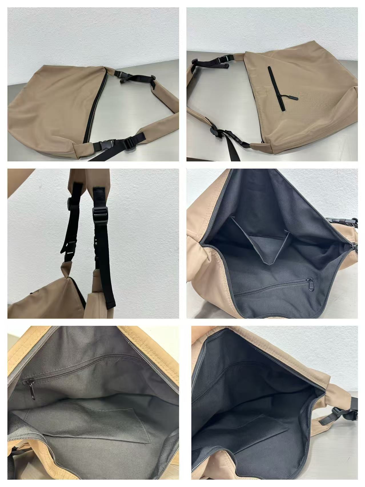 Collage of a beige bag with black straps on a white background,Convertible nylon tote bag with detachable crossbody strap, zippered front pocket, and main compartment. Available in olive green, black, and beige.


