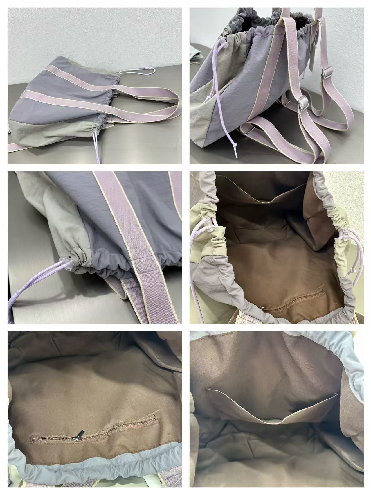 Collage of a gray bag with pink straps on a light gray background,vA versatile and stylish tote bag for women, perfect for the Indian market, shot from a side angle showing the product in use. The bag is made from a durable, high-quality fabric and features a casual, comfortable design with shoulder straps. This fashion accessory is ideal for a daily commute, college, or casual outings. It's a must-have for those seeking a practical yet trendy handbag in India.