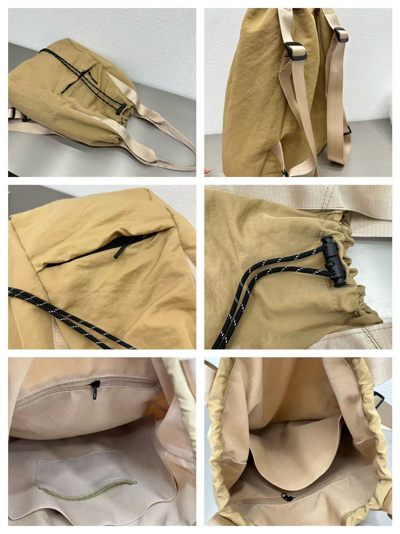 Collage of a beige bag with black straps on a light gray background,"Stylish khaki drawstring tote bag with multiple compartments and adjustable straps, perfect for daily use, shopping, and travel in India. Features include a secure zippered pocket, spacious main compartment, and comfortable shoulder straps. Ideal for fashion-conscious individuals seeking a versatile and trendy bag."