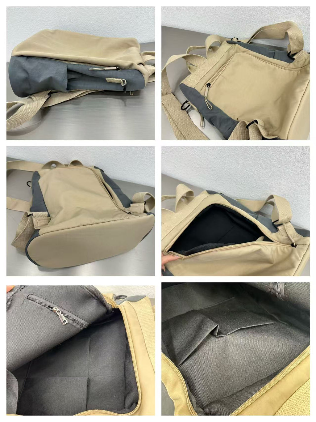 Collage of a beige and gray bag with straps on a light gray background,Stylish travel backpack, durable everyday bag, versatile shoulder tote, convertible backpack purse, waterproof utility bag, modern casual rucksack, ergonomic daypack, trendy laptop bag, multi-functional women's backpack, secure anti-theft design, spacious college bag, fashion-forward accessory, urban commuter pack, comfortable carry-all, premium quality satchel, practical work bag, chic student backpack, easy-access travel essential, org