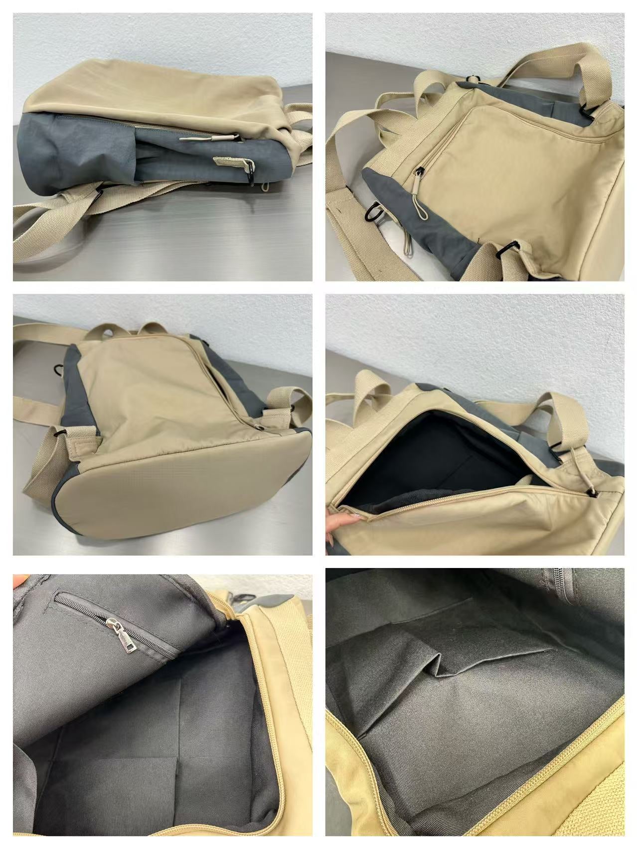 Collage of a beige and gray bag with straps on a light gray background,Stylish travel backpack, durable everyday bag, versatile shoulder tote, convertible backpack purse, waterproof utility bag, modern casual rucksack, ergonomic daypack, trendy laptop bag, multi-functional women's backpack, secure anti-theft design, spacious college bag, fashion-forward accessory, urban commuter pack, comfortable carry-all, premium quality satchel, practical work bag, chic student backpack, easy-access travel essential, org