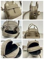 Collage of a beige backpack showing different angles and features.A high-fashion shot of a woman in a black skirt and white shirt, holding a stylish, minimalist brown bag. The image is professionally lit in a studio against a clean white background, with a strong focus on the bag's sleek design and texture. The photo emphasizes a sophisticated and modern aesthetic, perfect for luxury or premium lifestyle brands.