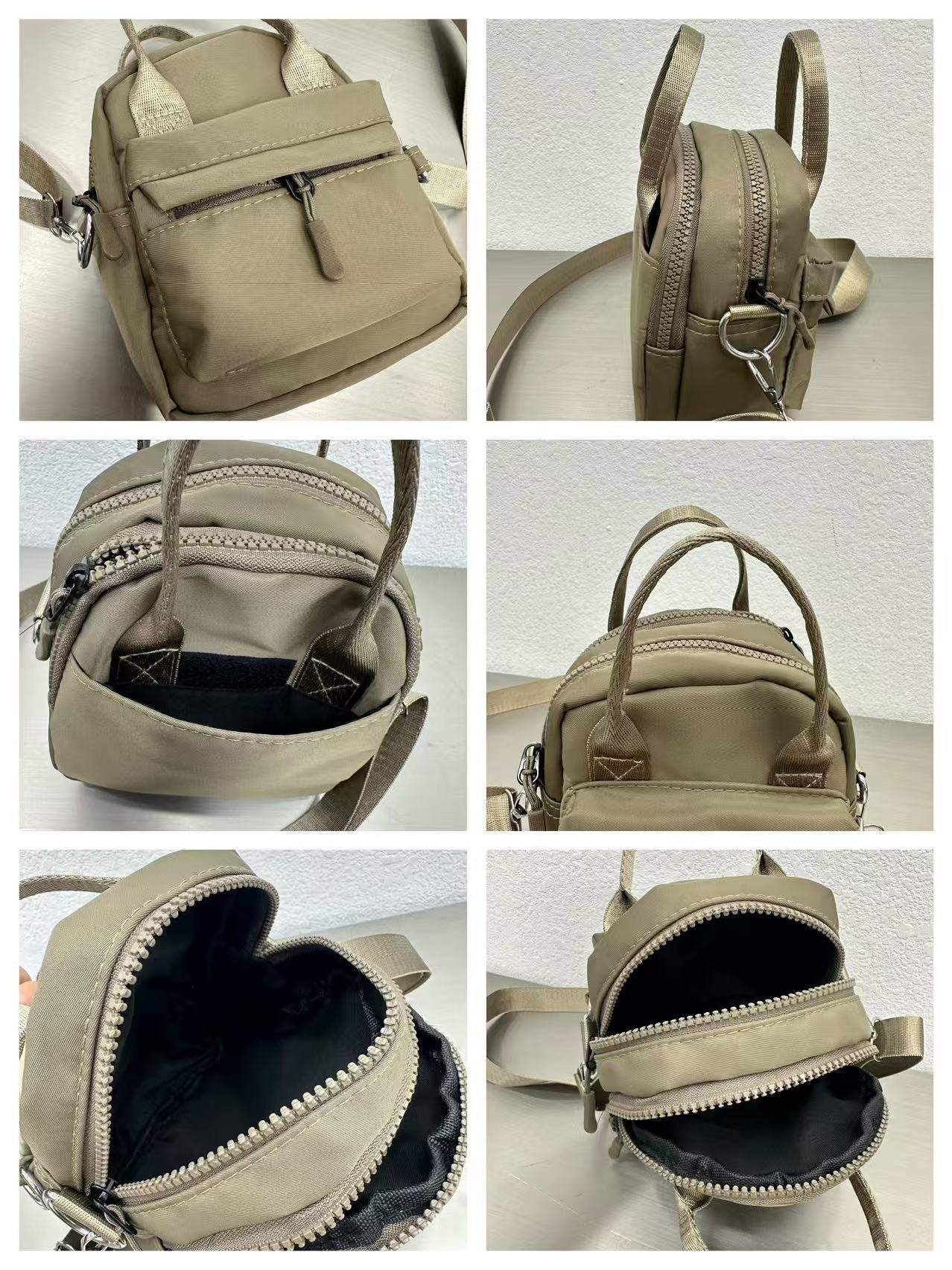 Collage of a beige backpack showing different angles and features.A high-fashion shot of a woman in a black skirt and white shirt, holding a stylish, minimalist brown bag. The image is professionally lit in a studio against a clean white background, with a strong focus on the bag's sleek design and texture. The photo emphasizes a sophisticated and modern aesthetic, perfect for luxury or premium lifestyle brands.