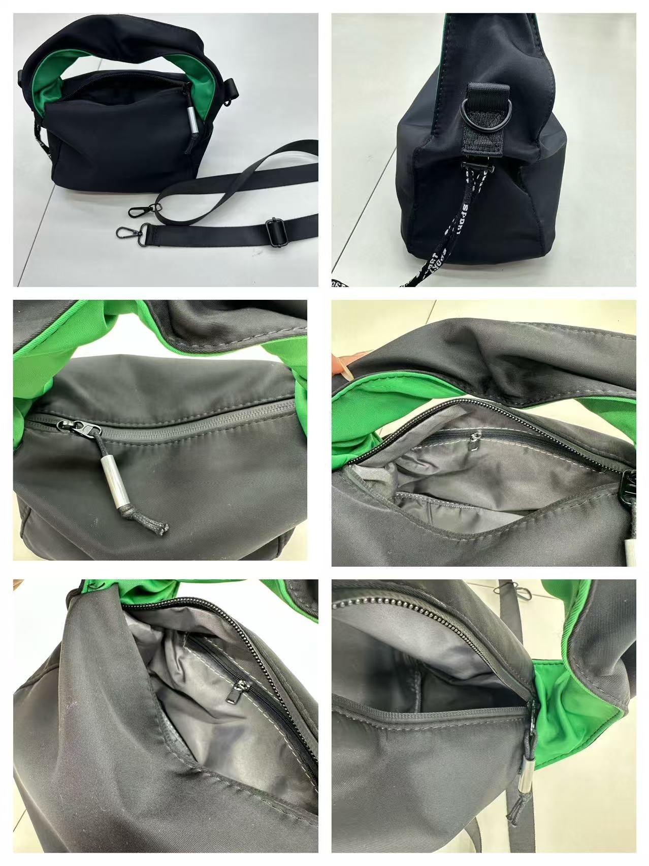 Collage of a black and gray bag with green interior, showing different angles and details."Black waterproof polyester mini tote bag with stylish green lining, lightweight and durable design, adjustable crossbody strap and spacious compartments for wallet, phone, cosmetics and daily essentials. Perfect handbag for women in India for office, college, travel, shopping, and everyday use. Premium quality ladies tote bag available online at best price in India, versatile small carry bag for students, professional