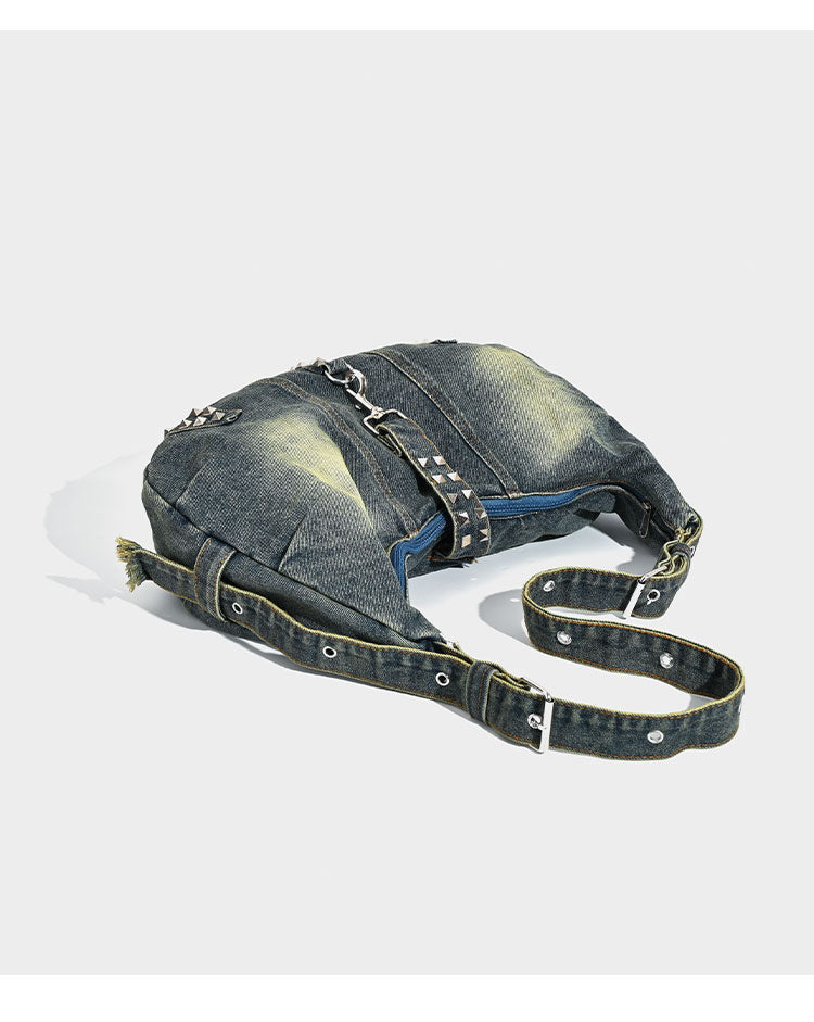 Denim dog harness on a white background