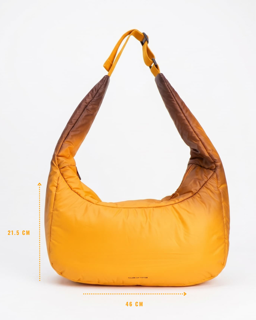 Yellow and brown handbag with measurements on a white background