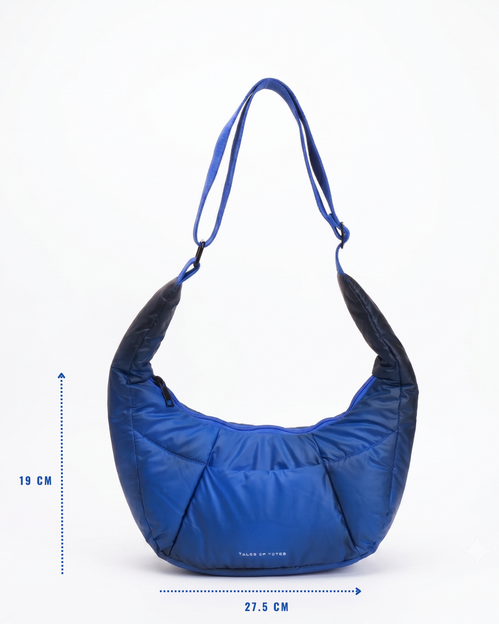 Blue handbag with measurements on a white background