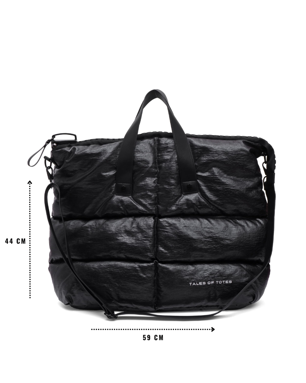 Black puffer bag with measurement details on a white background