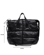 Black puffer bag with measurement details on a white background