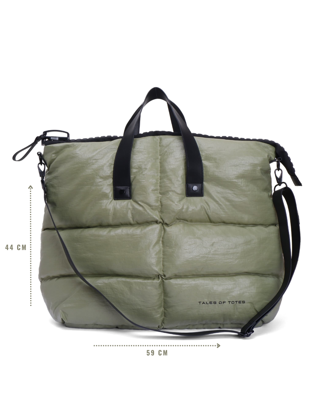 Green puffer bag with black straps and measurements on a white background