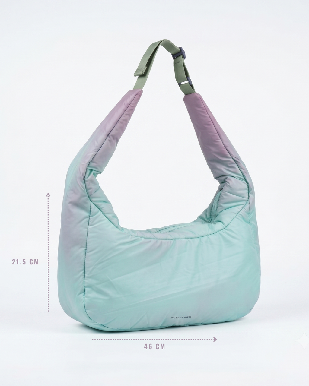 Gradient green and purple bag with measurements on a white background
