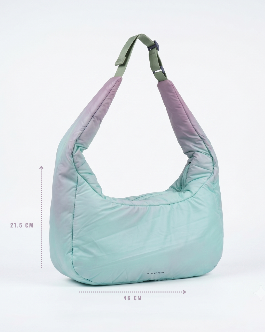 Gradient green and purple bag with measurements on a white background
