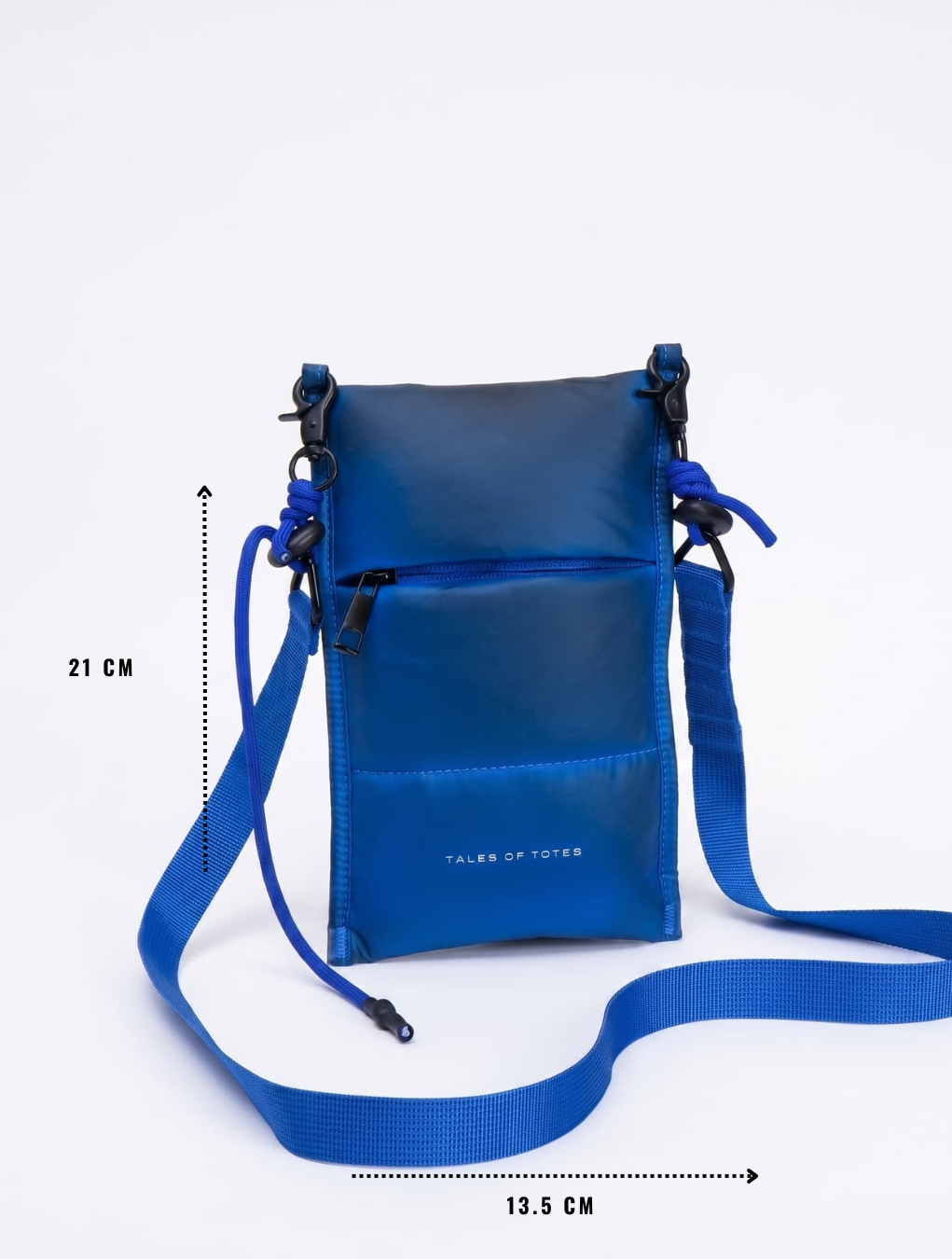 Blue crossbody bag with measurements on a white background