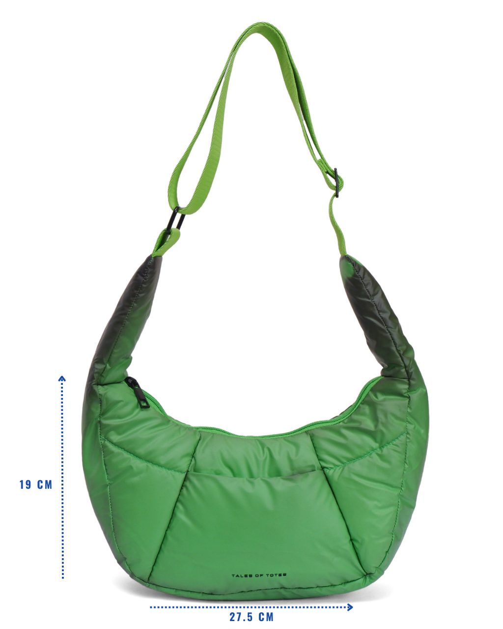 Green shoulder bag with measurements on a white background
