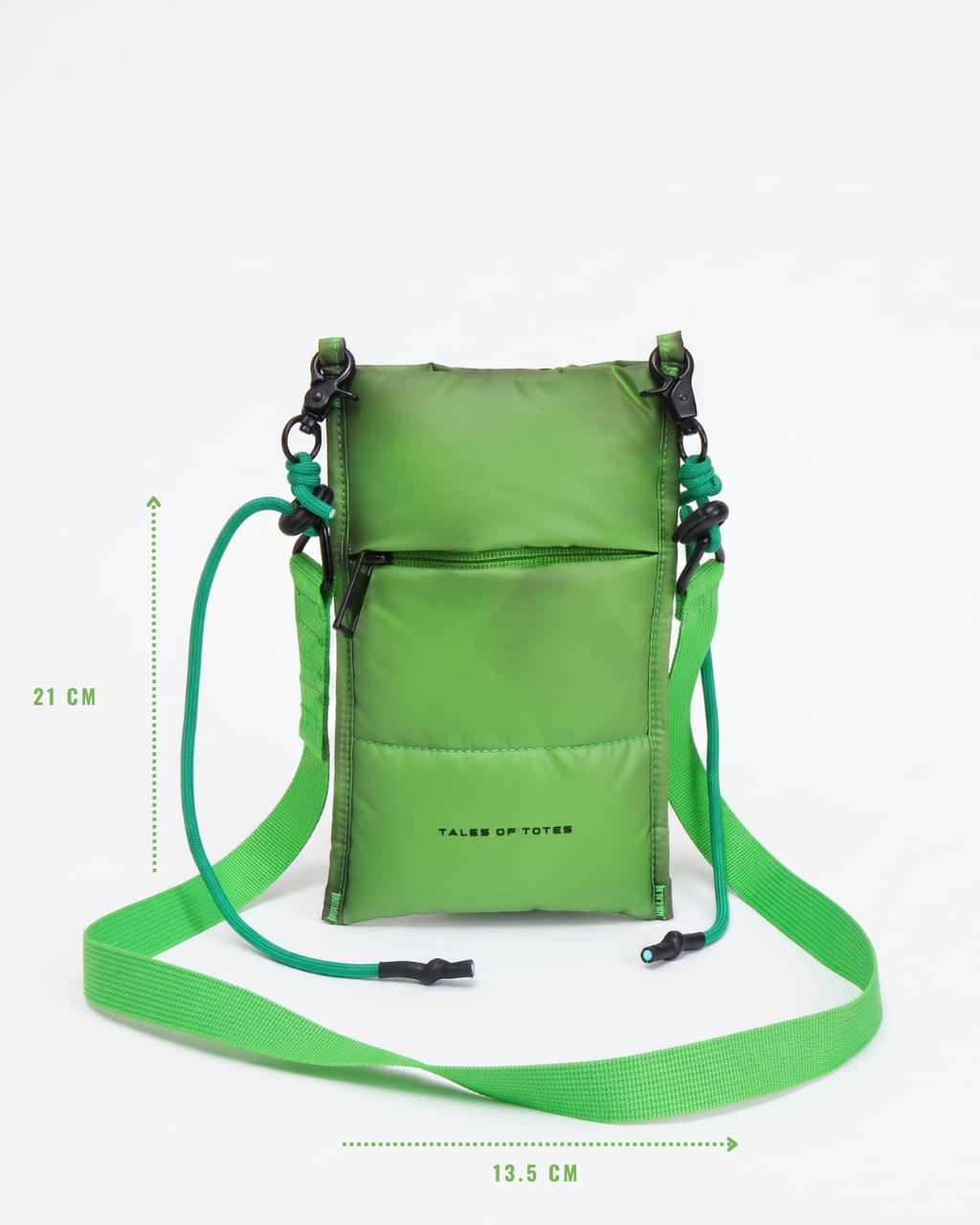 Green crossbody bag with measurements on a white background
