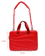 Red handbag with dimensions on a white background