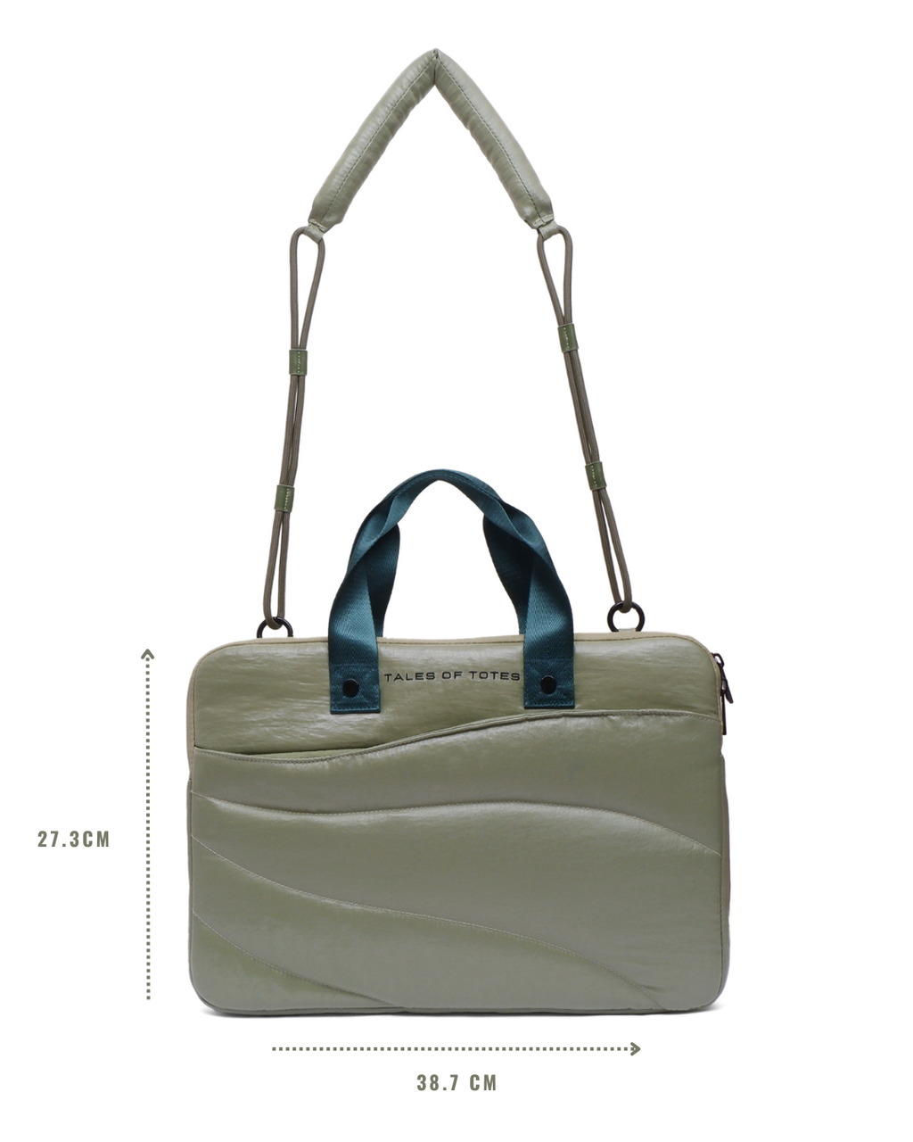 Beige handbag with blue handles and measurements on a white background