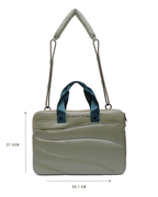 Beige handbag with blue handles and measurements on a white background