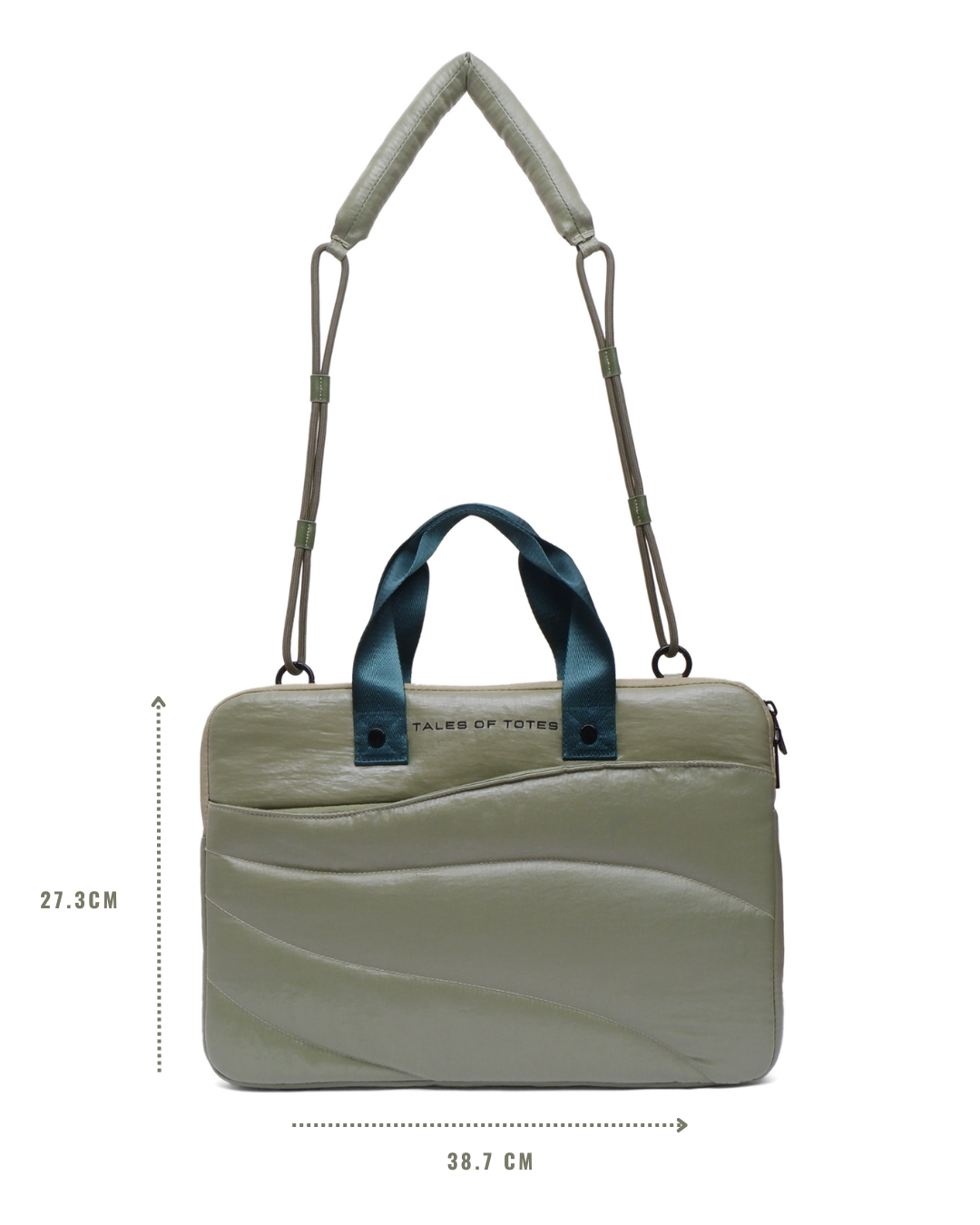 Beige handbag with blue handles and measurements on a white background