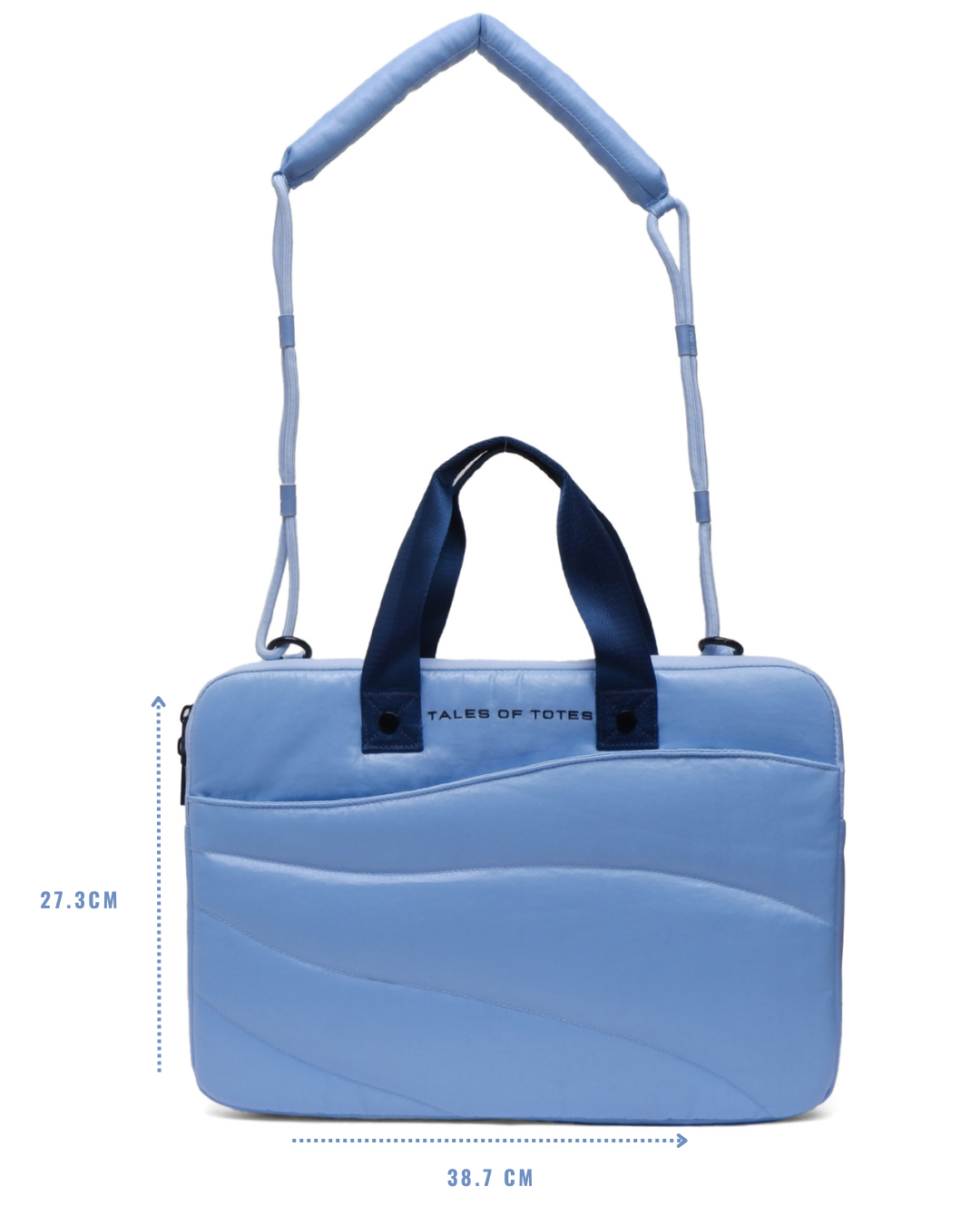 Blue laptop bag with handles and strap, featuring 'Tales of Tote' branding, on a white background.