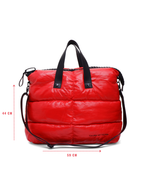 Red puffer bag with black handles and strap, displayed on a white background with measurements indicated.