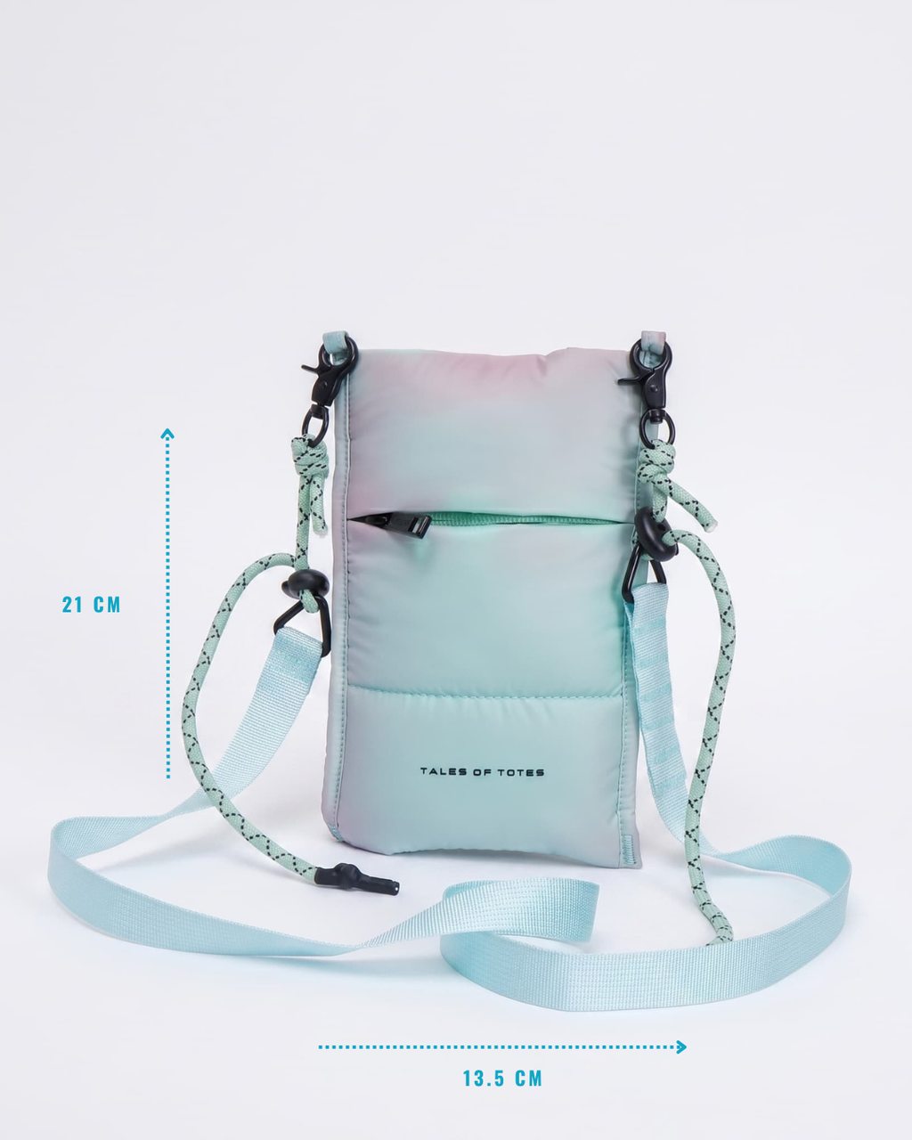 Gradient phone pouch with measurement details on a light gray background