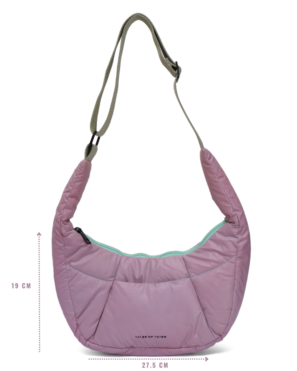 Purple shoulder bag with a strap, shown with measurements on a white background